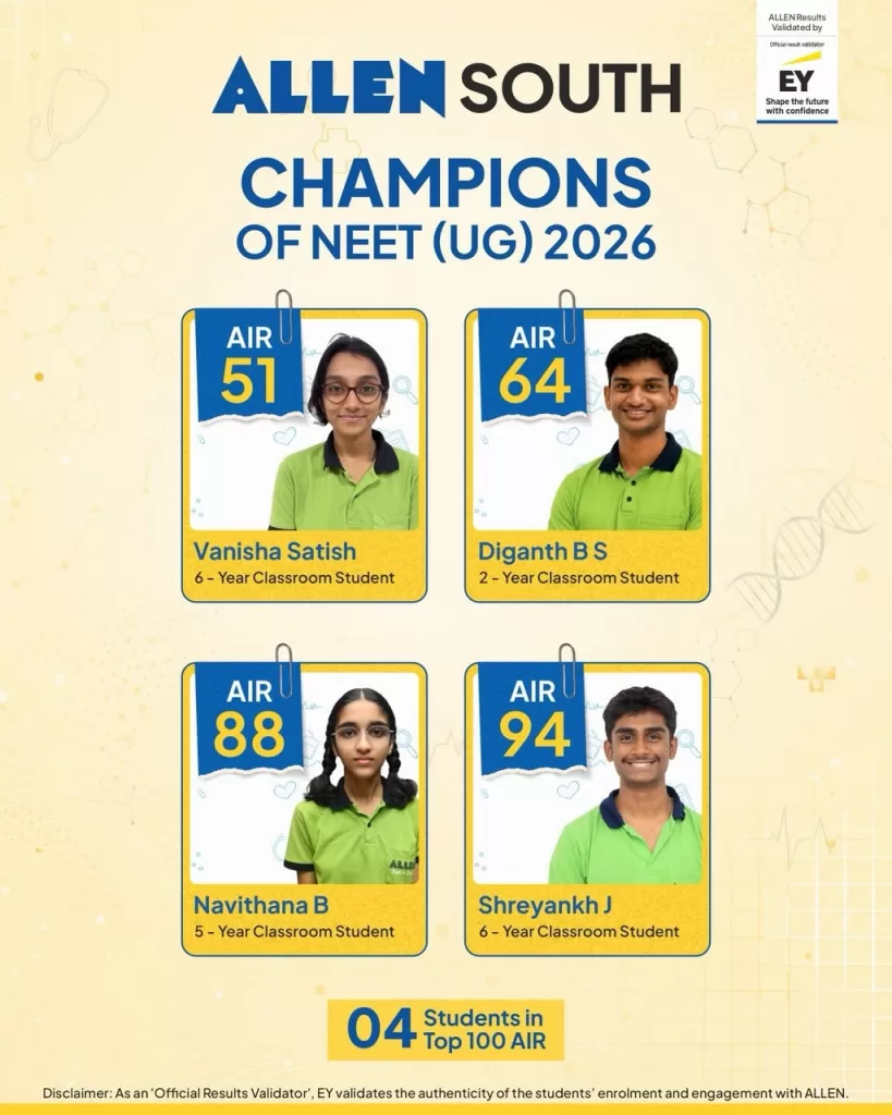Diganth BS, Shreyankh J Lead ALLEN Bengaluru’s Strong NEET-UG 2026 Performance